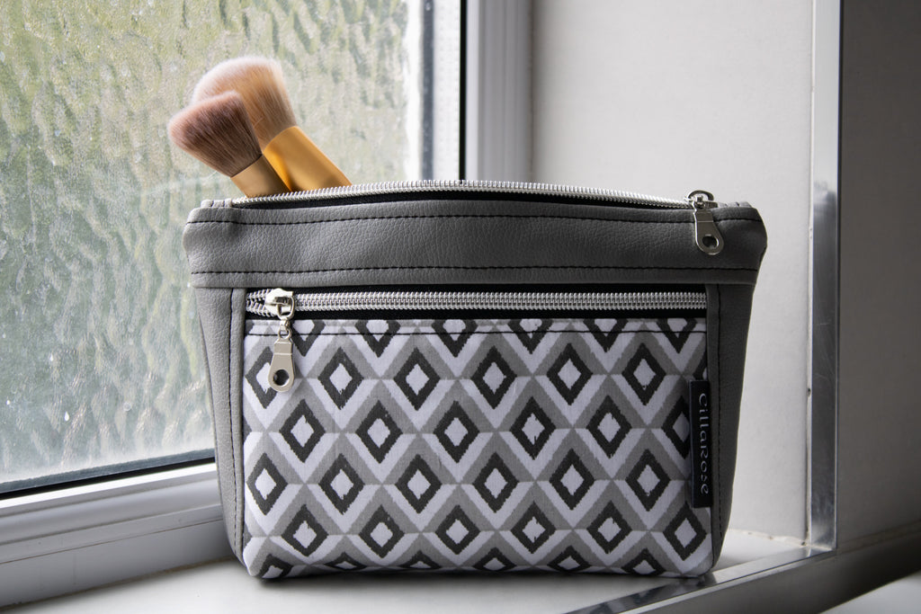 Grey Faux Leather Pouch with Grey Fabric